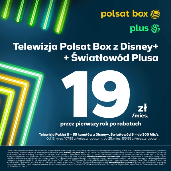 Wybierz telewizję w Polsat Box z Disney+, a Disney+ + Światłowód Plusa za 19zł./mies. przez pierwszy rok po rabatach