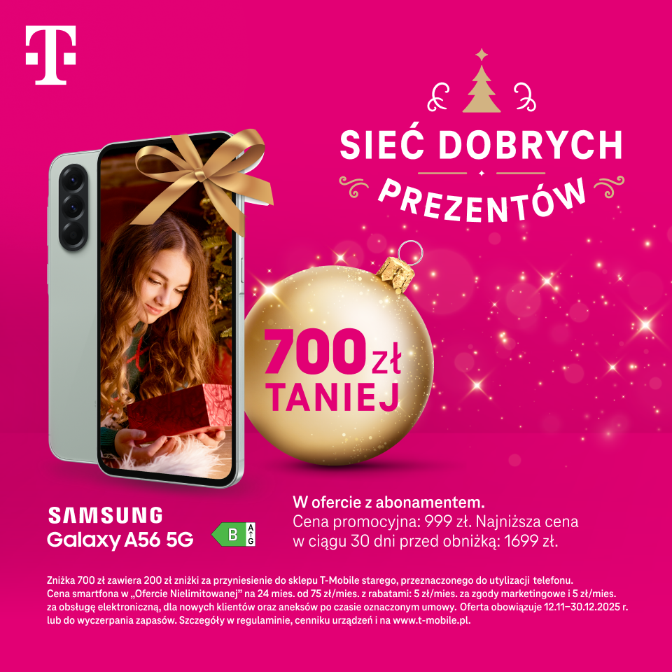 Sieć dobrych prezentów. Teraz Samsung Galaxy A56 5G 700 zł taniej w ofercie z abonamentem.